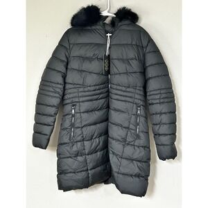 Bellivera Womens XXL Black Quilted Puffer Coat Faux Fur Hooded Mid-Length Jacket